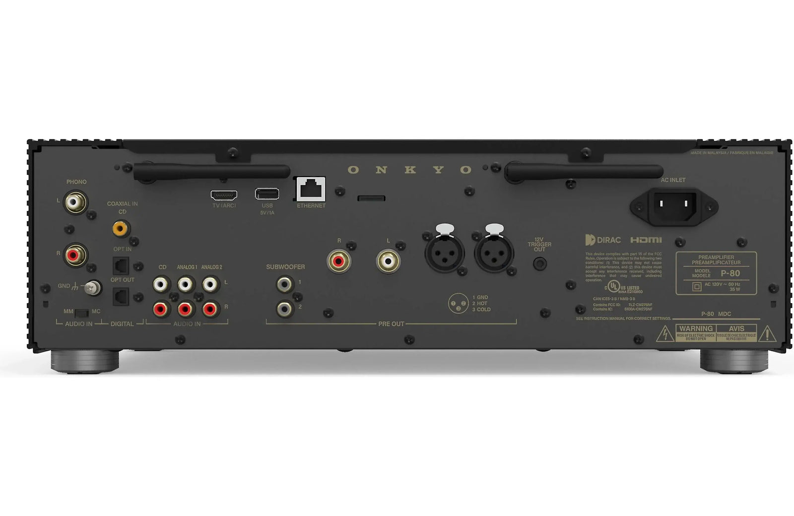 Onkyo P-80 Icon Series Stereo Preamplifier with HDMI, Wi-Fi, Bluetooth, and Apple Airplay 2 back panel connectivity features.