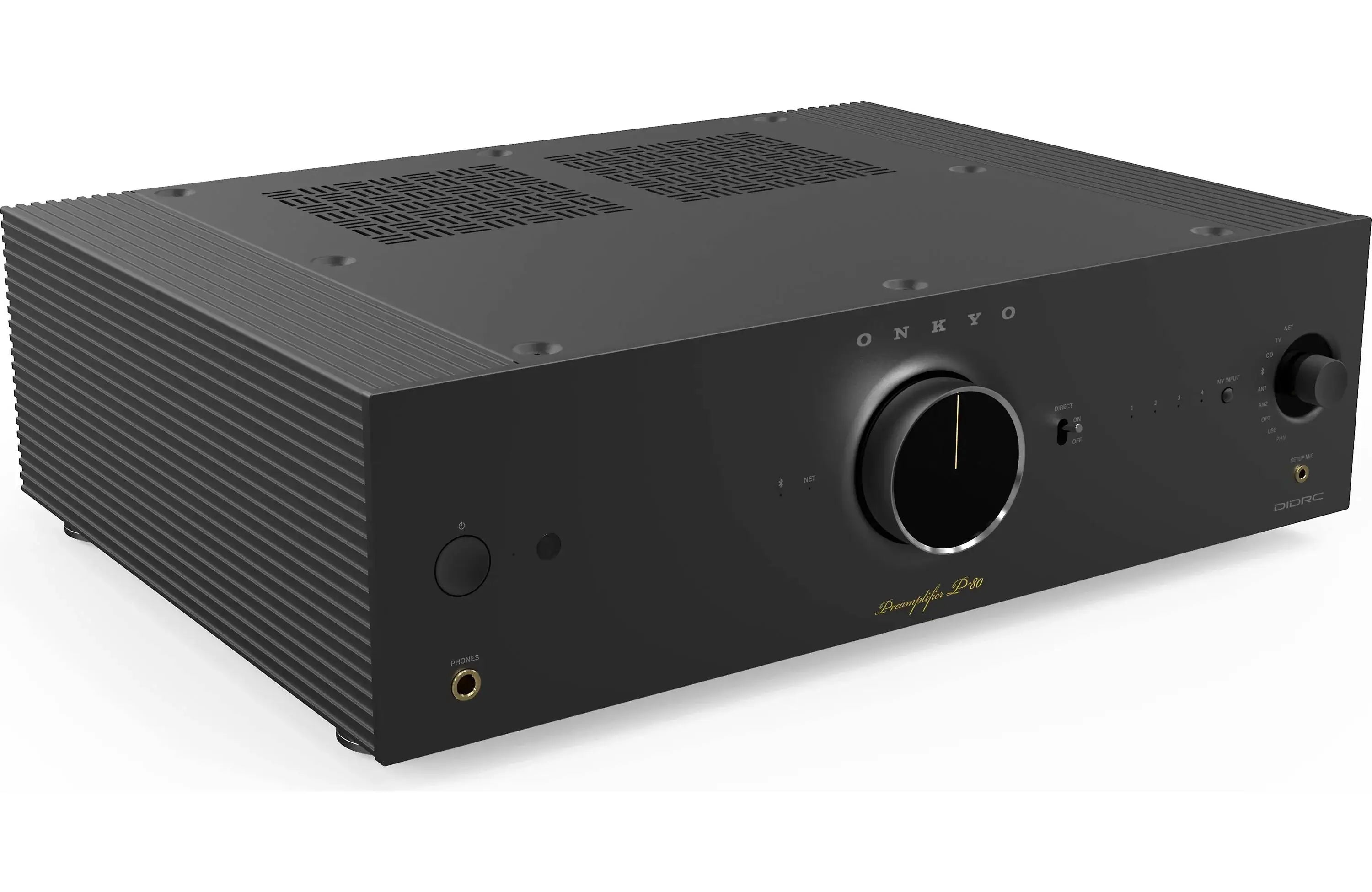 Onkyo P-80 Icon Series Stereo Preamplifier with HDMI, Wi-Fi, Bluetooth, and Apple Airplay 2 front view.