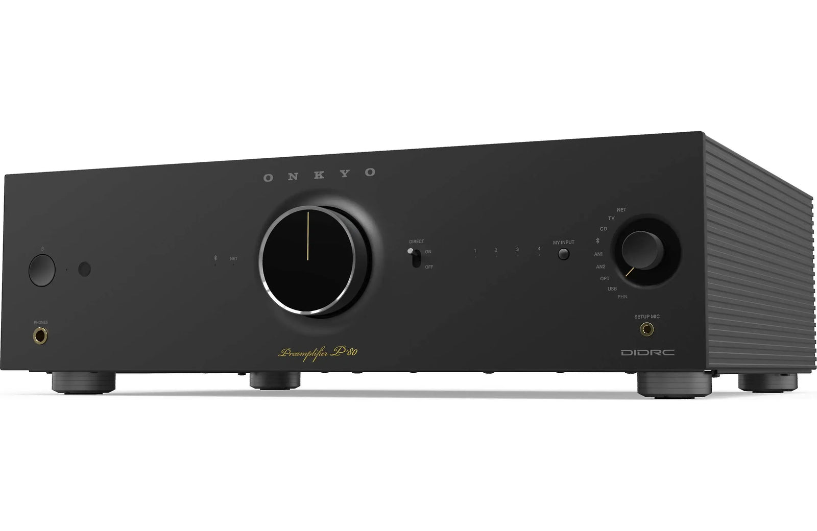 Onkyo P-80 Icon Series Stereo Preamplifier with HDMI, Wi-Fi, Bluetooth, and Apple Airplay 2 front view.