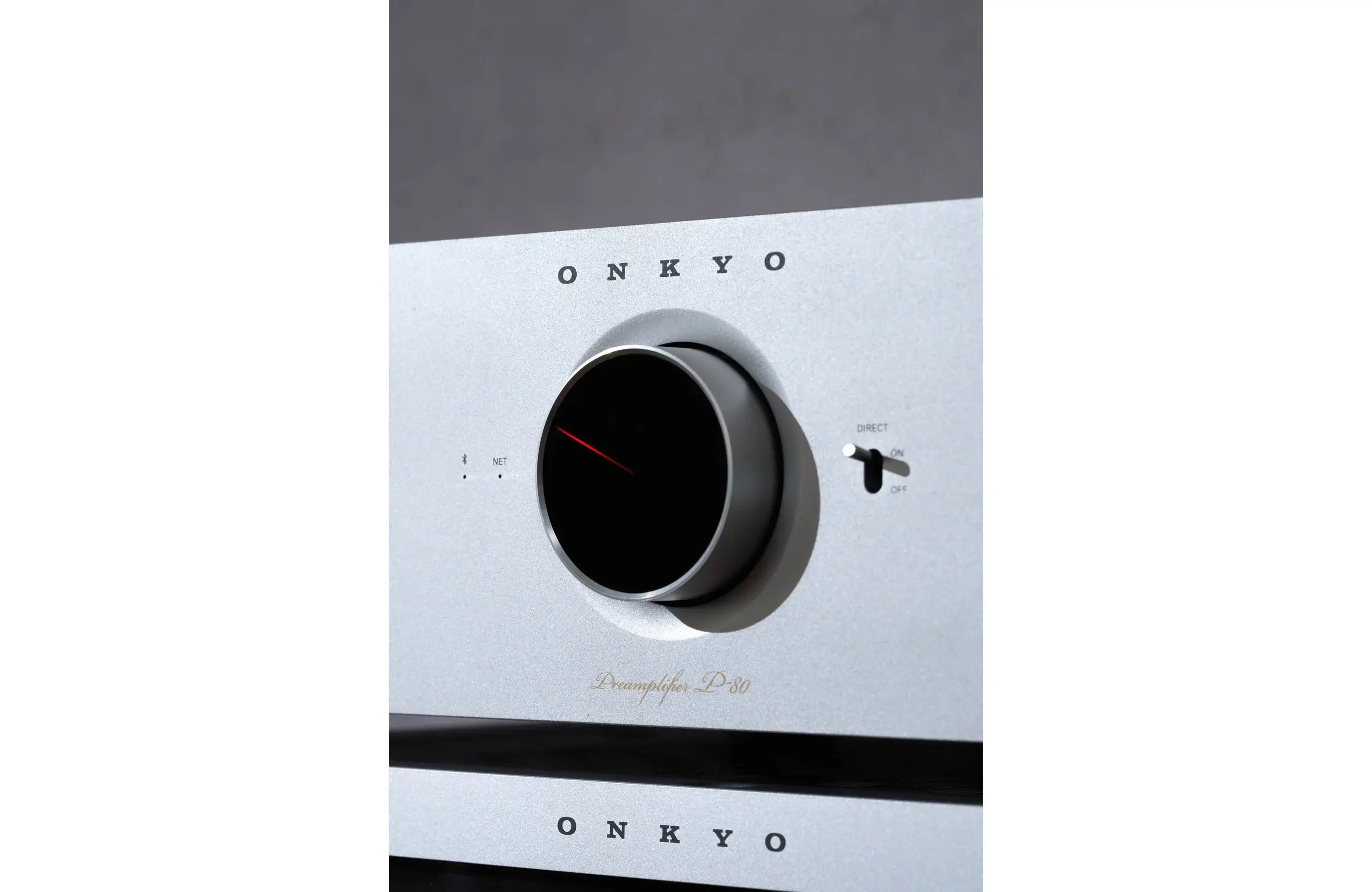 Onkyo P-80 Icon Series Stereo Preamplifier with HDMI, Wi-Fi, Bluetooth, and Apple Airplay 2 front view showing volume control.