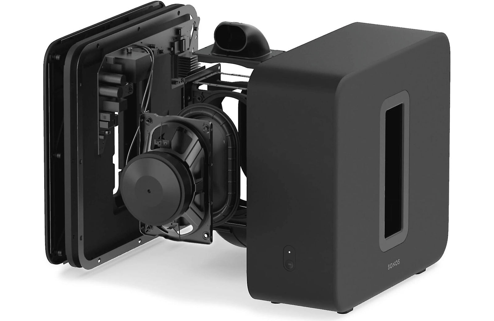 Sonos Sub 4 Premium Wireless Subwoofer showcasing dual force-canceling woofers for immersive sound.