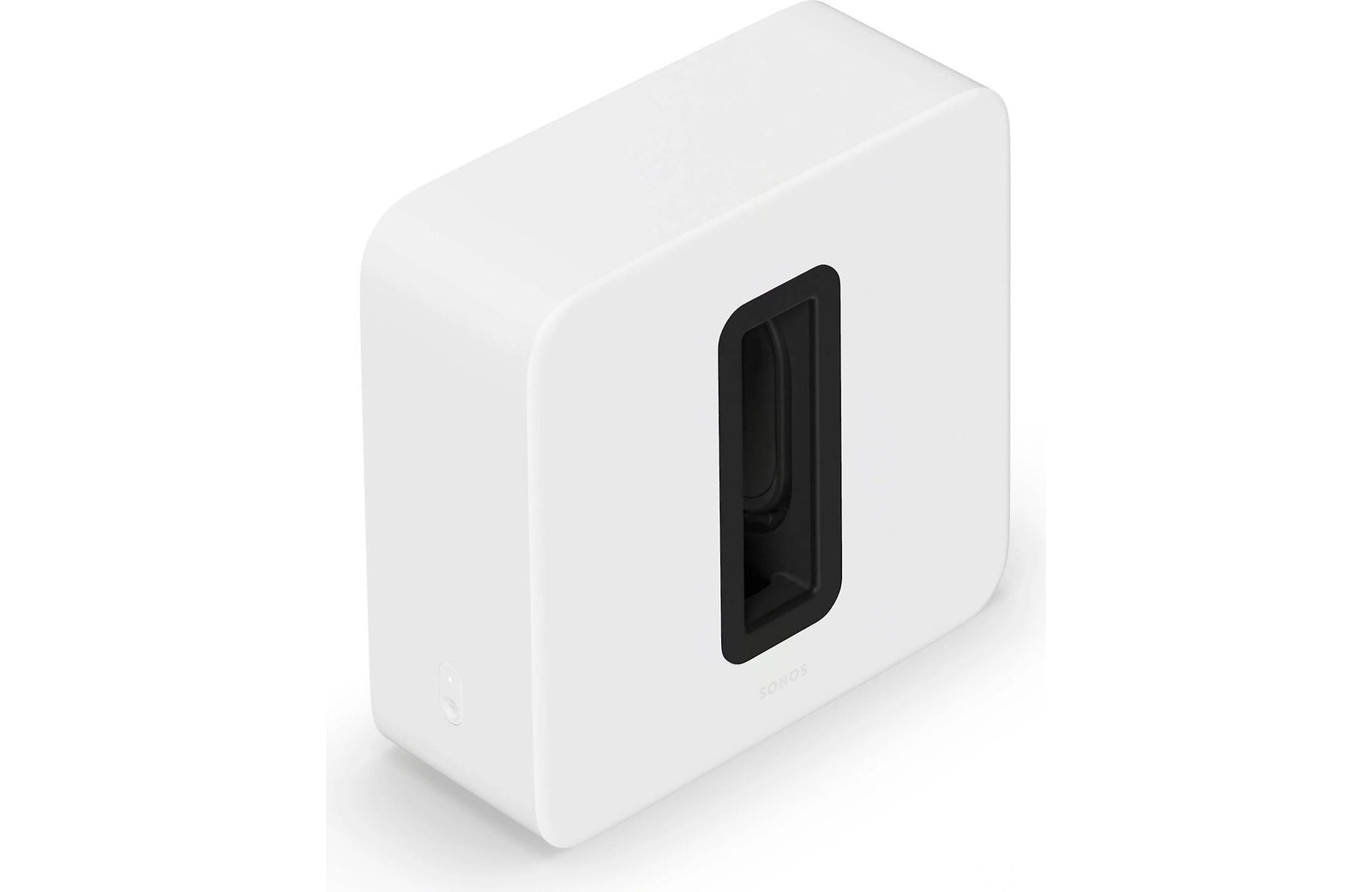 Sonos Sub 4 Premium Wireless Subwoofer in matte white finish with dual force-canceling woofers.