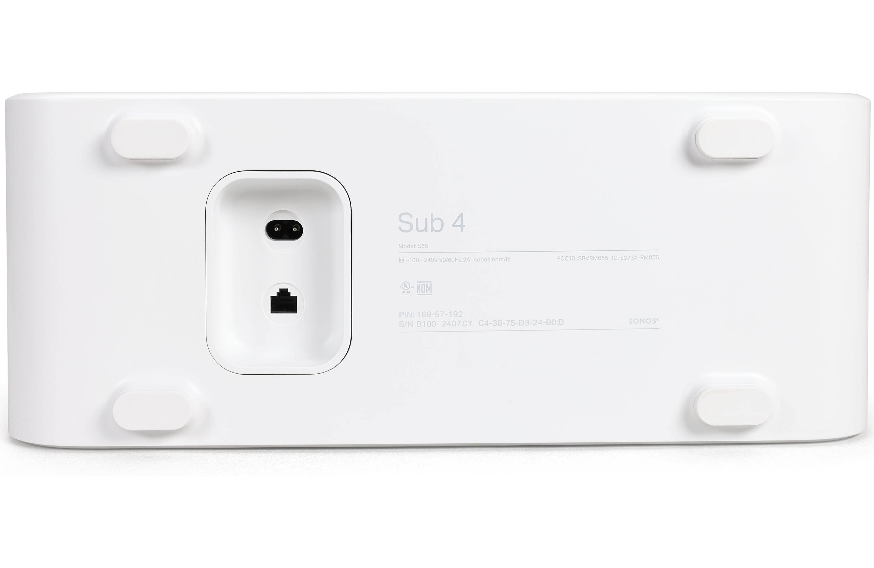 Back view of Sonos Sub 4 Premium Wireless Subwoofer showcasing power and connection ports.