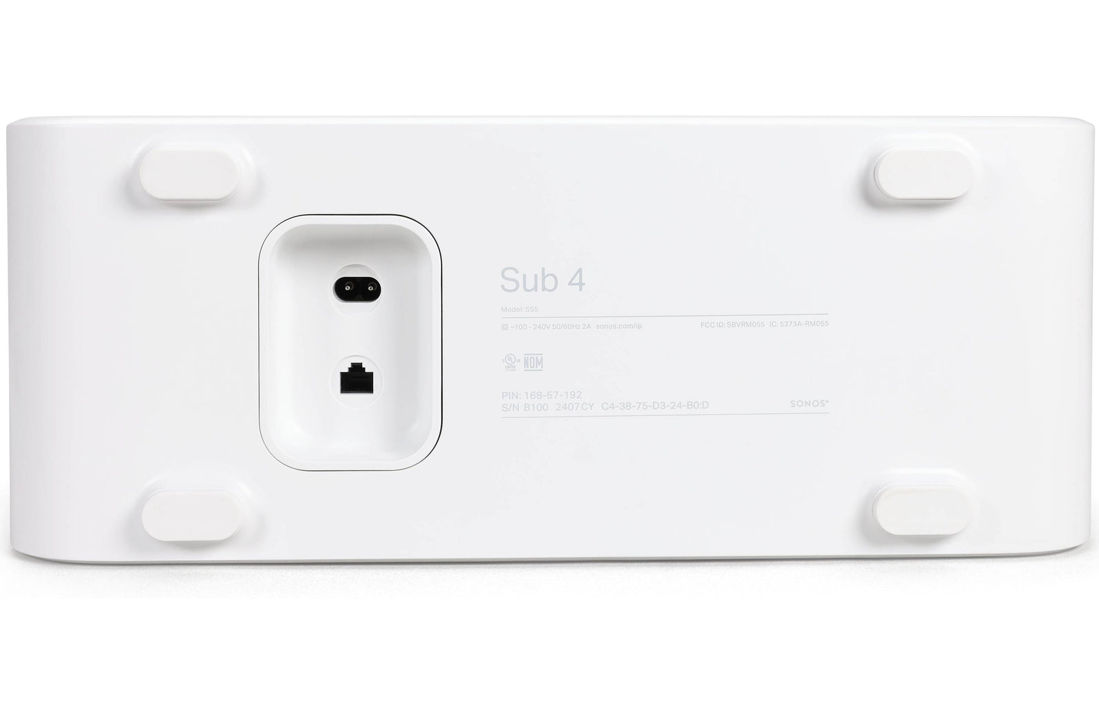 Back view of Sonos Sub 4 Premium Wireless Subwoofer showcasing power and connection ports.