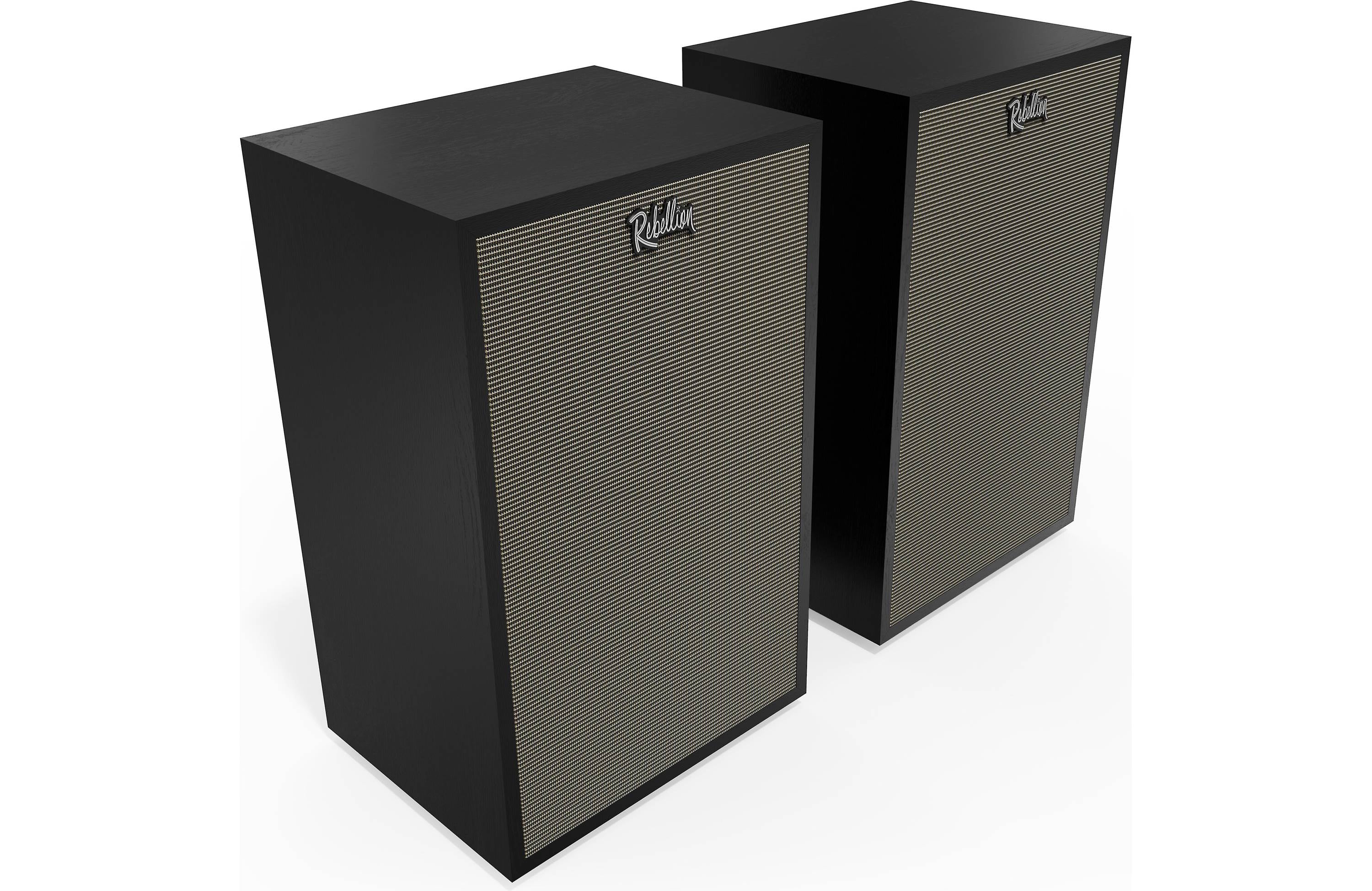 Klipsch Rebellion Premium Stand-Mount Bookshelf Speakers (Pair) showcased from a front angle with sleek design.