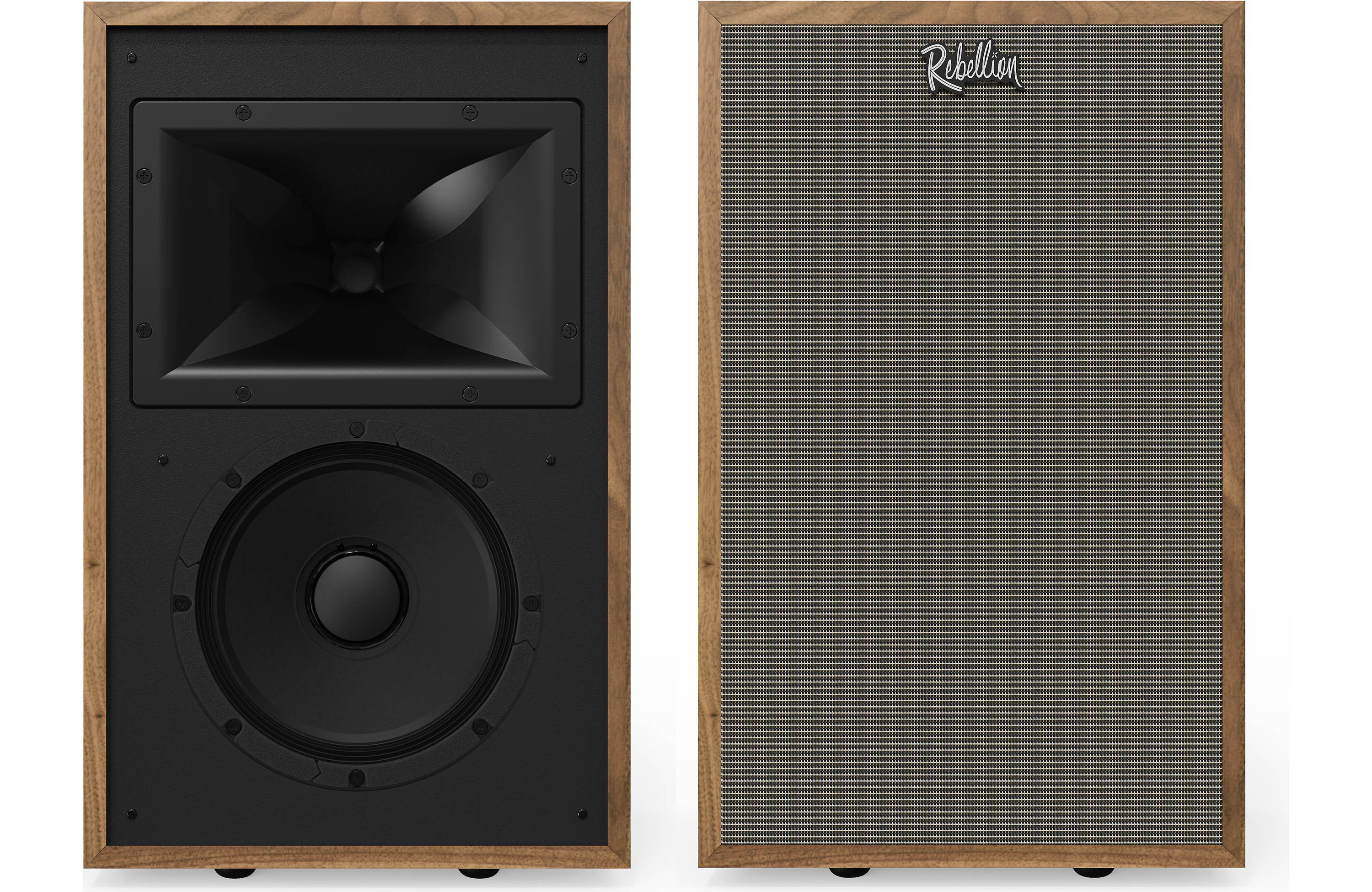 Klipsch Rebellion Premium Stand-Mount Bookshelf Speakers (Pair) in American Walnut finish with modern acoustic design.