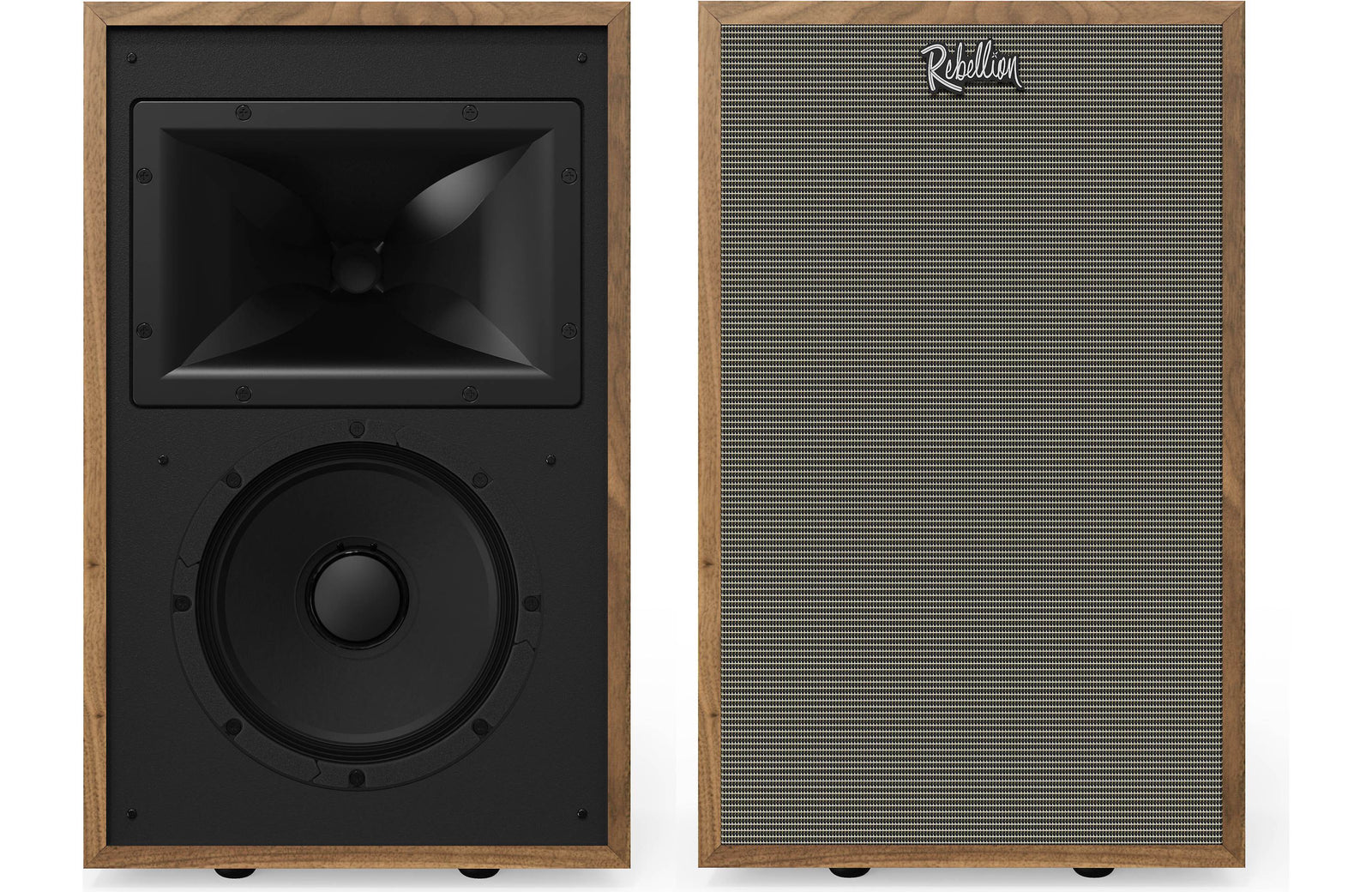 Klipsch Rebellion Premium Stand-Mount Bookshelf Speakers (Pair) in American Walnut finish with modern acoustic design.