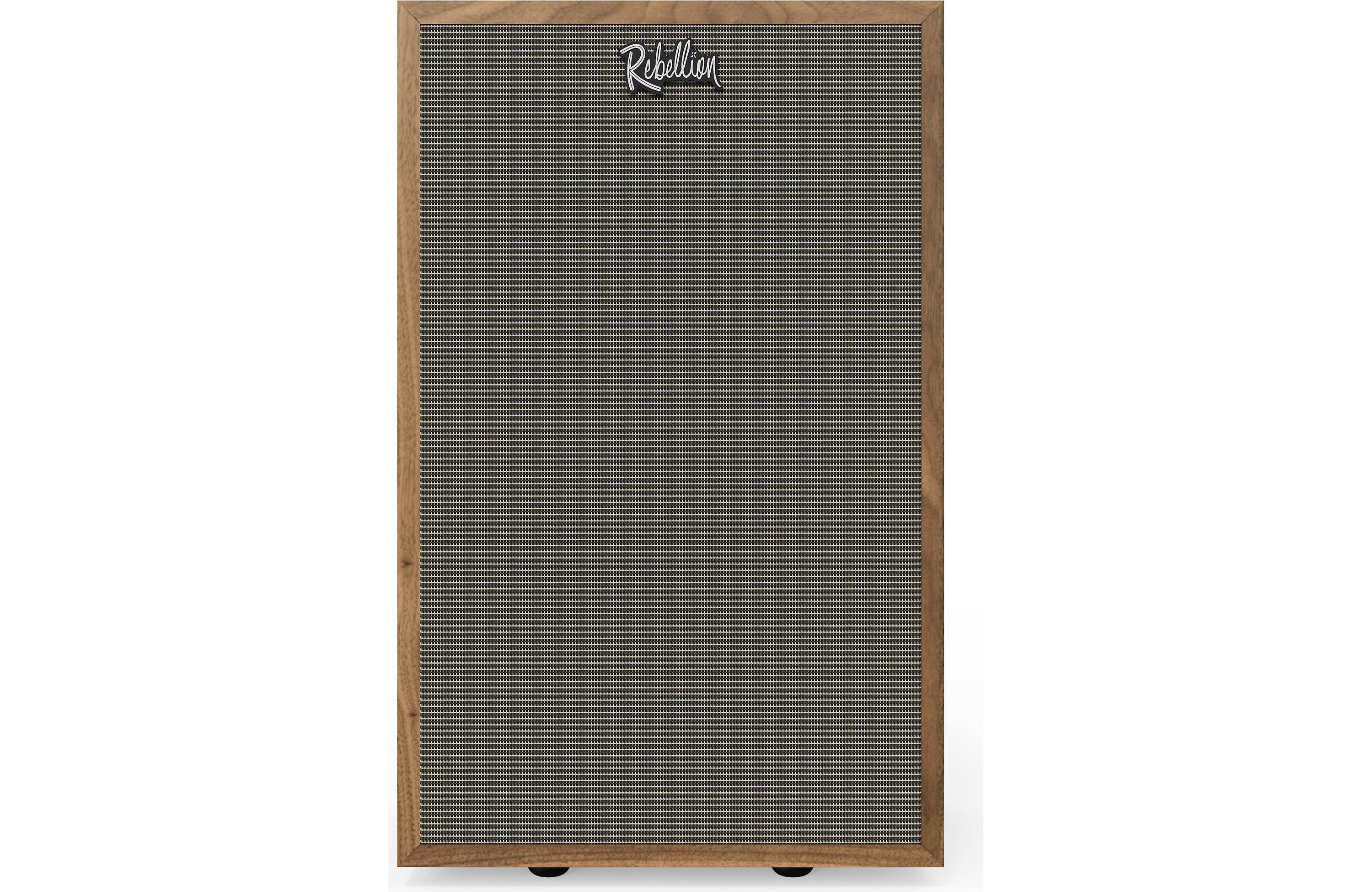 Klipsch Rebellion Premium Stand-Mount Bookshelf Speakers (Pair) front view with wood finish and grille.