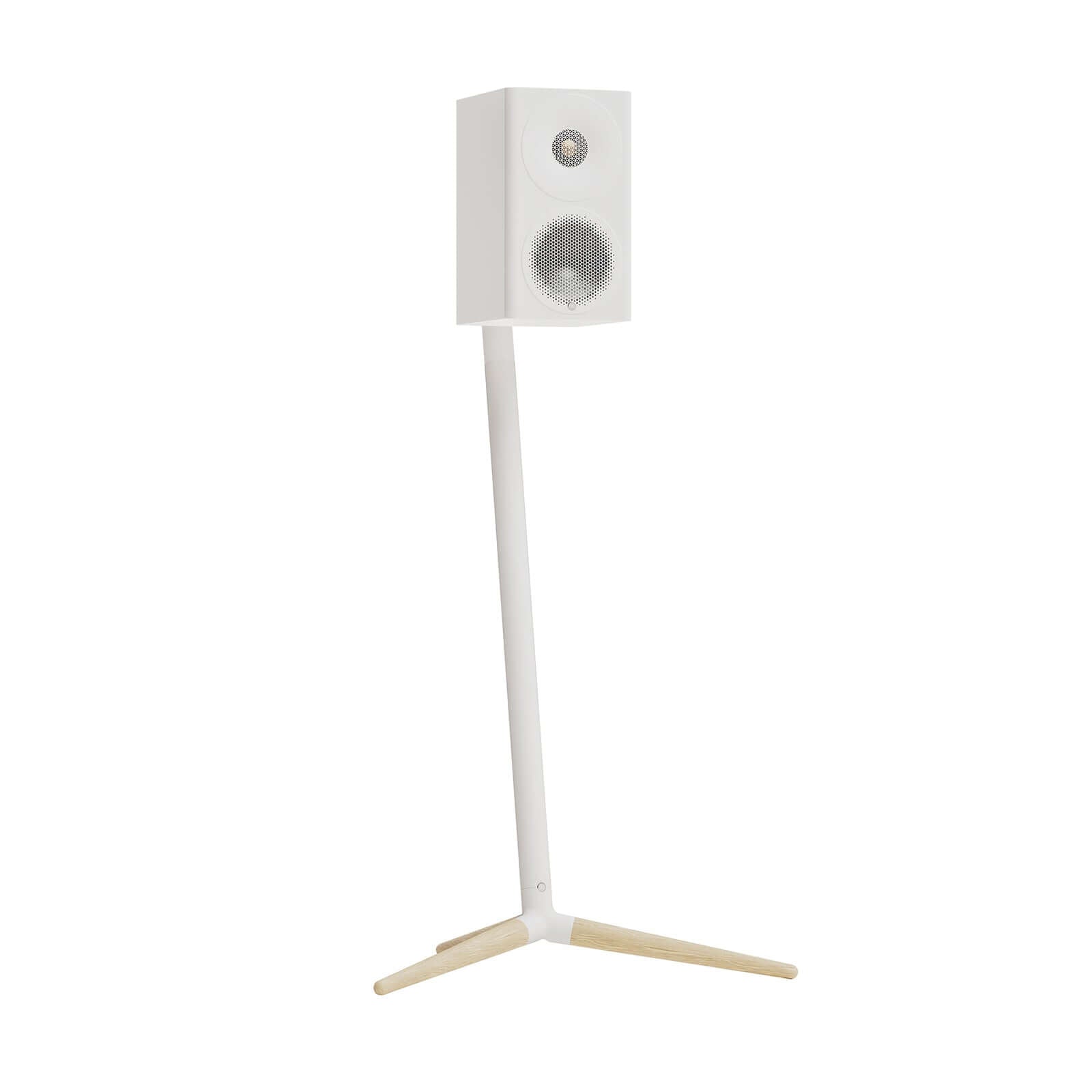 Monitor Audio Radius Floor Stands for Radius 1 4G and Radius 3 4G Speakers white design with wooden tripod legs.