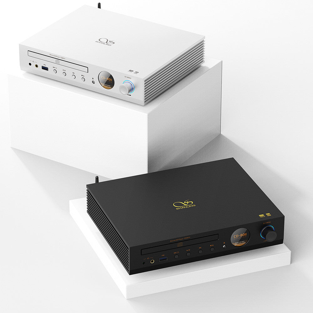 Shanling CD80 II Highly Versatile and Compact CD Player in black and white on display stands.