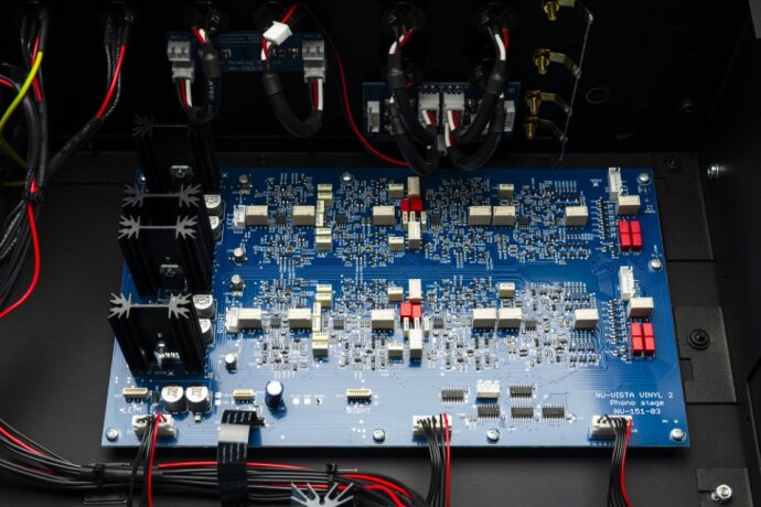 Musical Fidelity Nu-Vista Vinyl 2 Reference Phono Stage Open Box internal circuit board with components and wiring.
