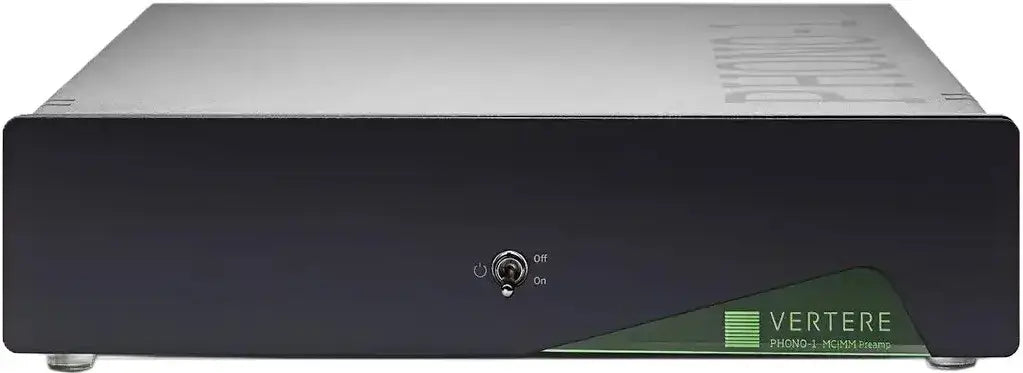 Vertere PHONO-1 LX MM/MC Phono Preamplifier in black acrylic style with power switch and sleek design.