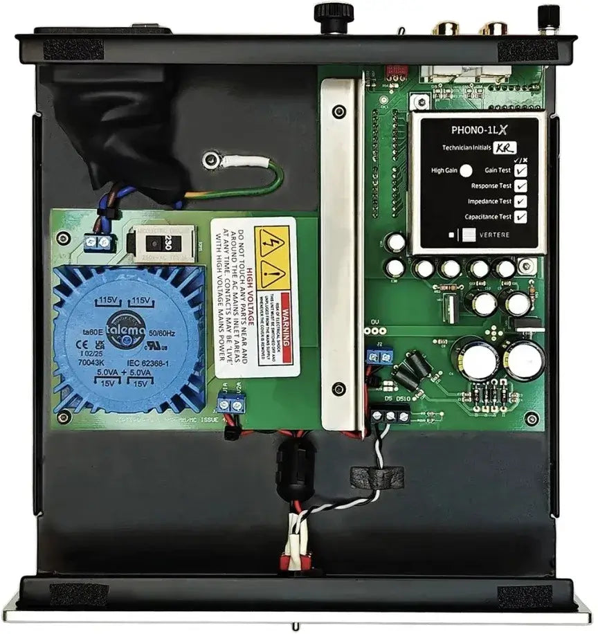 Vertere PHONO-1 LX MM/MC Phono Preamplifier internal components showcasing upgraded power supply and PCB design.