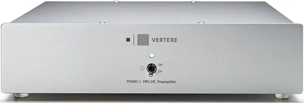 Vertere PHONO-1 LX MM/MC Phono Preamplifier in silver color showcasing cleaner power and advanced design.