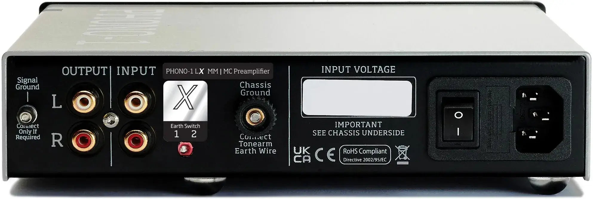 Vertere PHONO-1 LX MM/MC Phono Preamplifier rear panel with inputs and outputs.