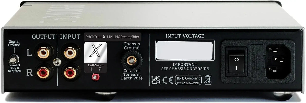 Vertere PHONO-1 LX MM/MC Phono Preamplifier rear panel with inputs and outputs.